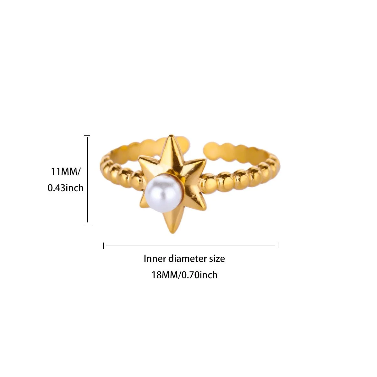 Stainless Steel 18K Gold-Plated Star & Pearl Open Ring for Women