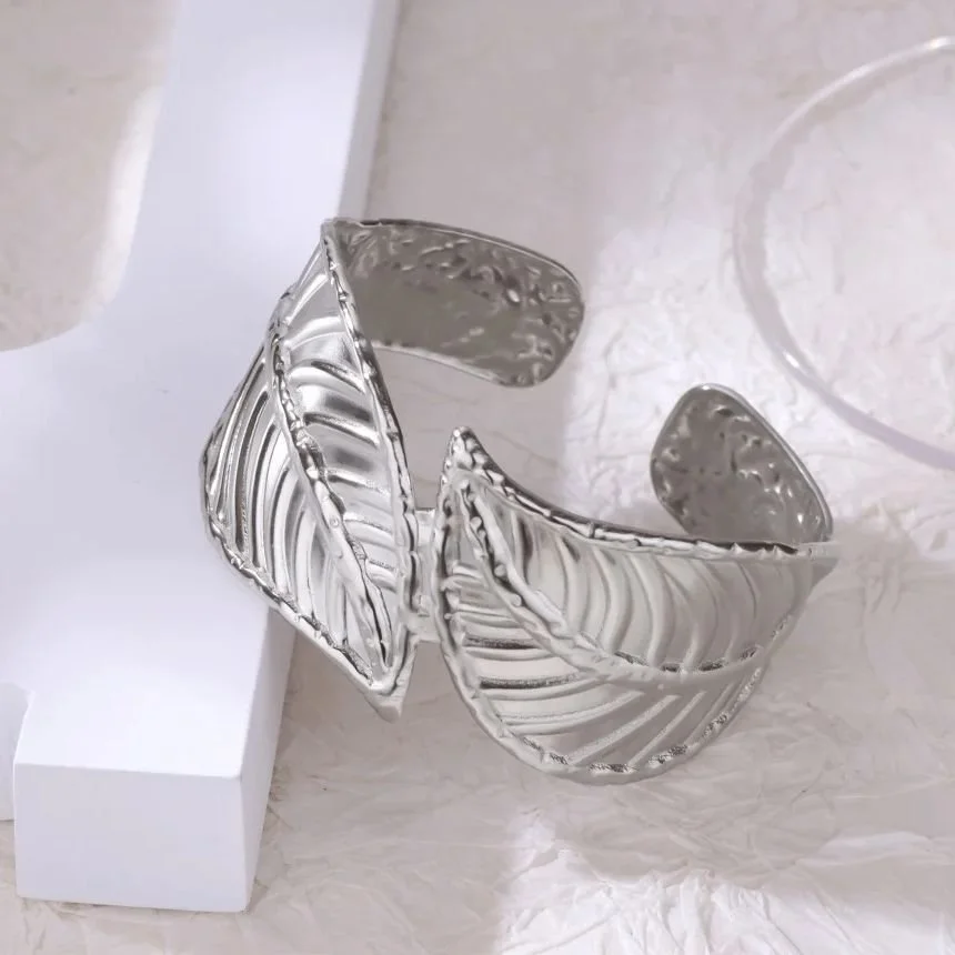 Geometric Leaf Silver Bangle Bracelet for Women