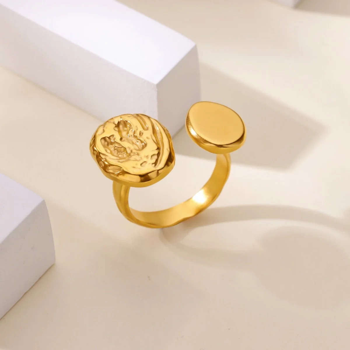 Gold Plated Stainless Steel Geometric Texture Ring for Women