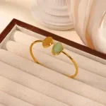 Gold-Plated Stainless Steel Imitation Jade Bangle for Women - Geometric Opening Bracelet