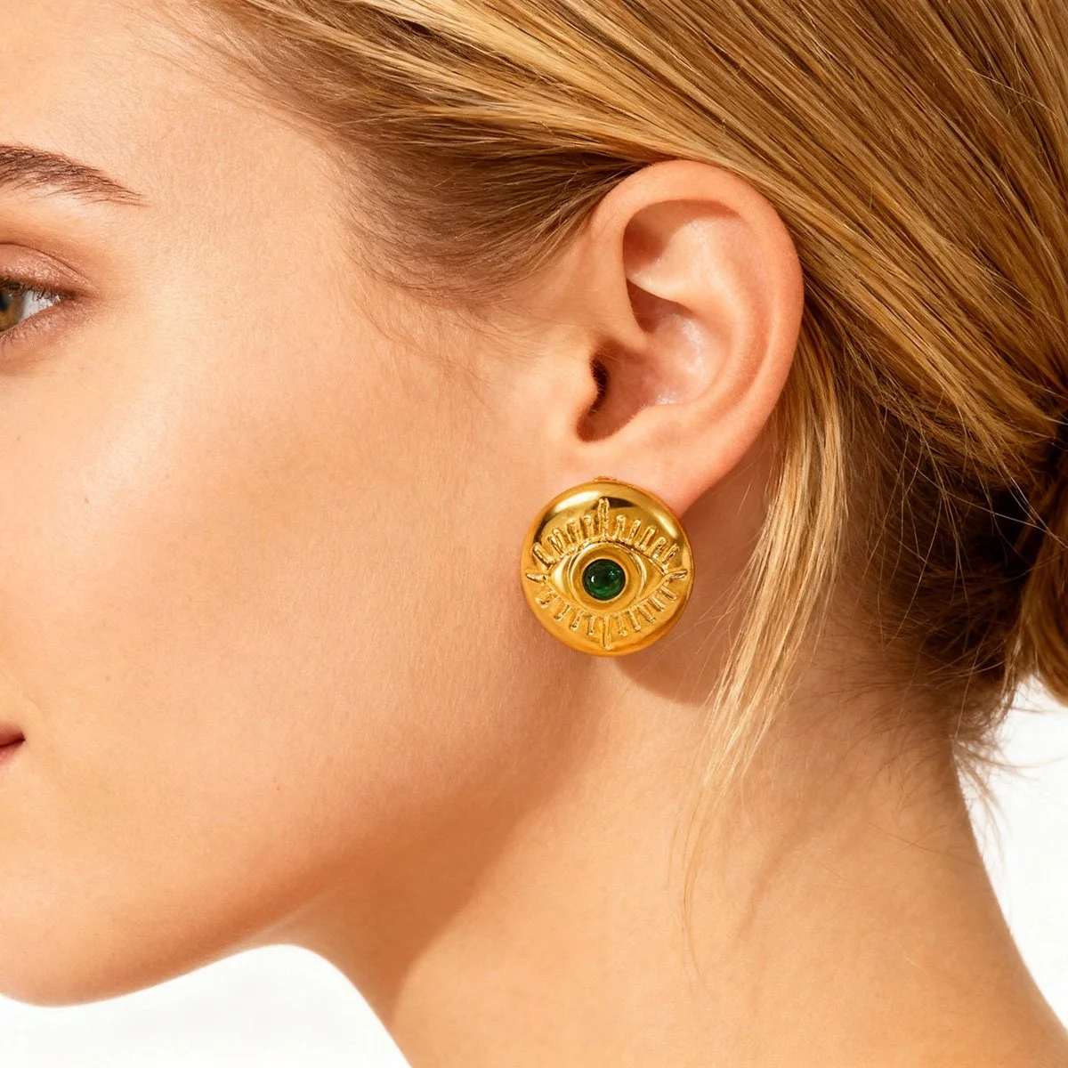 Vintage Green Zircon Evil Eye Stud Earrings for Women - Trendy Stainless Steel Jewelry Gift