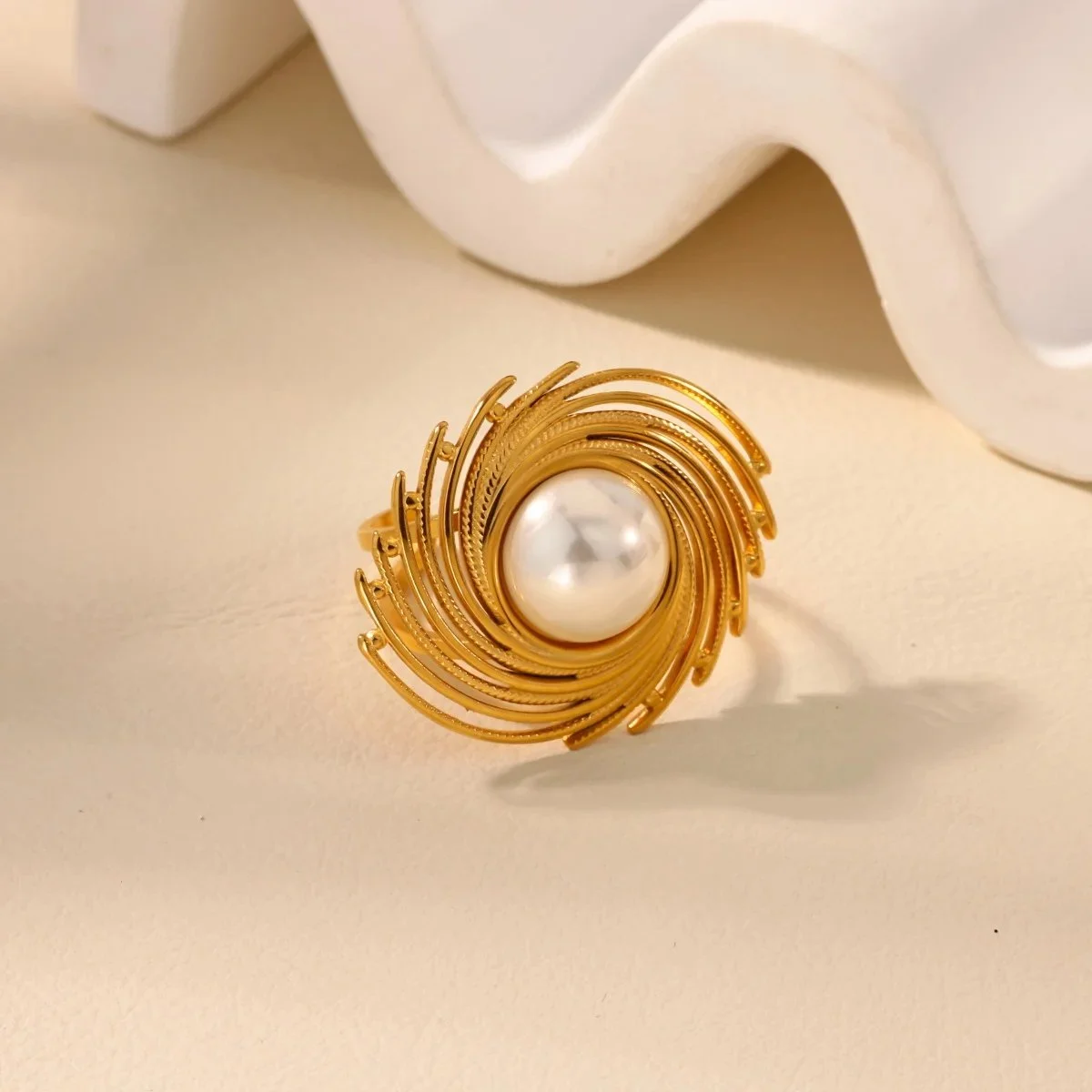 Vintage Tassel Pearl Geometric Ring for Women - 18K Gold Plated Stainless Steel Jewelry