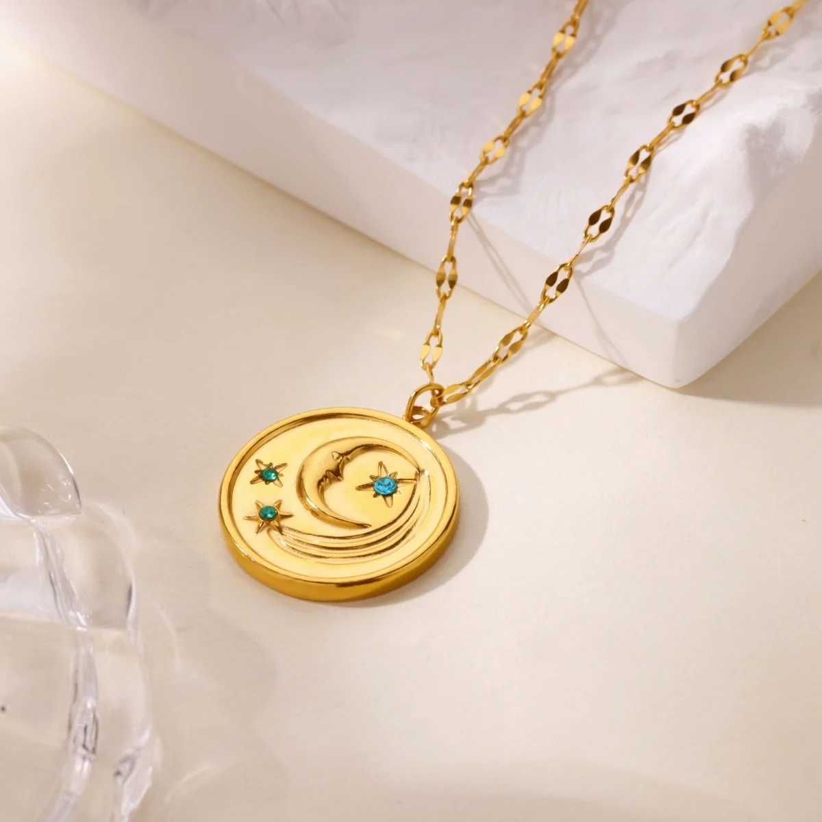 Gold Star and Moon Coin Pendant Necklace for Women