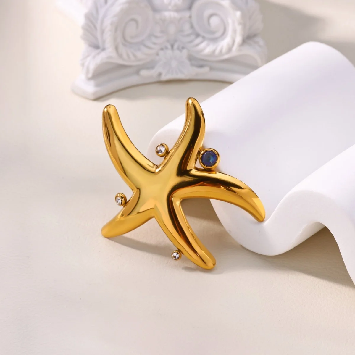 Zircon Starfish Brooch 18K Gold Plated Stainless Steel Pin