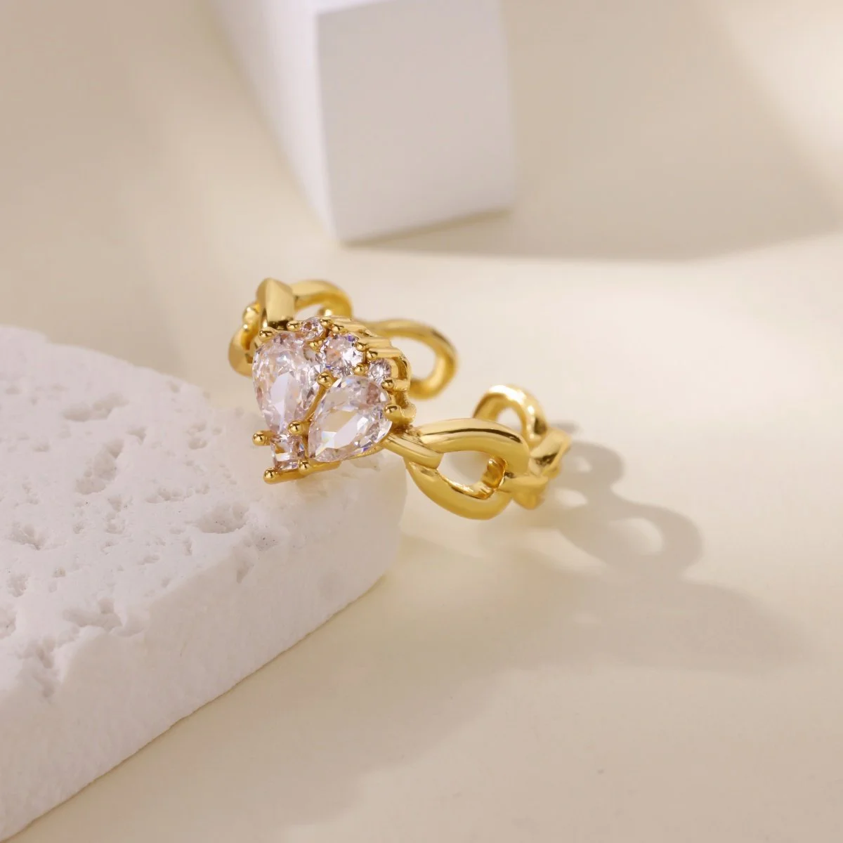 Luxury 18K Gold Plated Zircon Water Drop Adjustable Ring for Women