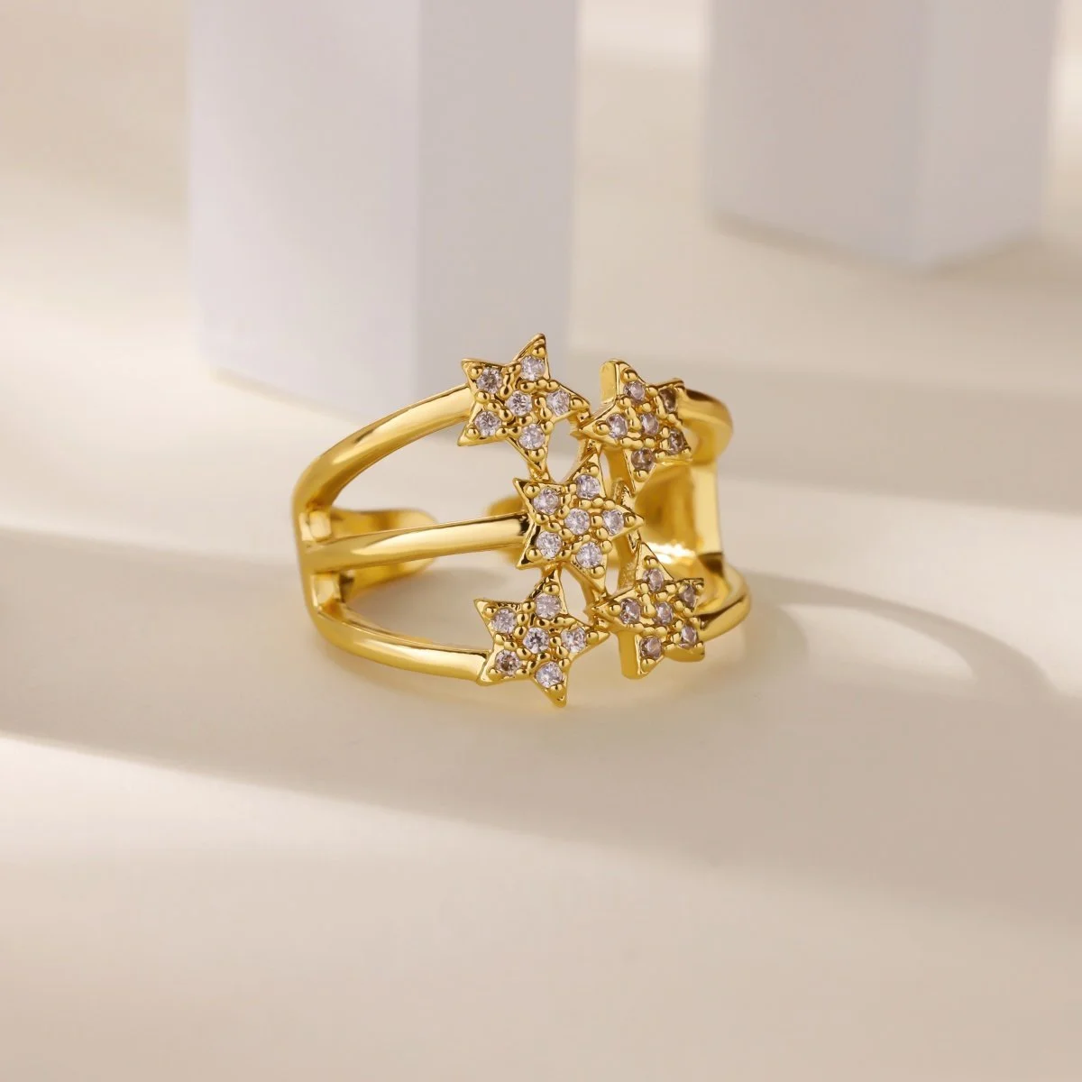 Luxury 18K Gold Plated Zircon Star Adjustable Ring for Women