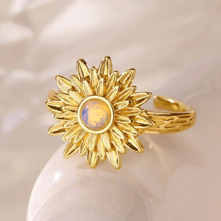 Elegant Gold Opal Flower Adjustable Ring for Women – Stainless Steel Jewelry Gift
