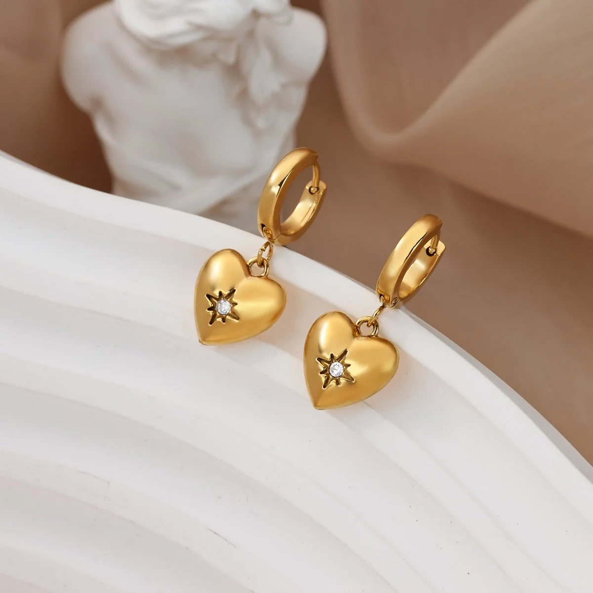 Luxury Gold Heart & Star Zircon Drop Earrings for Women