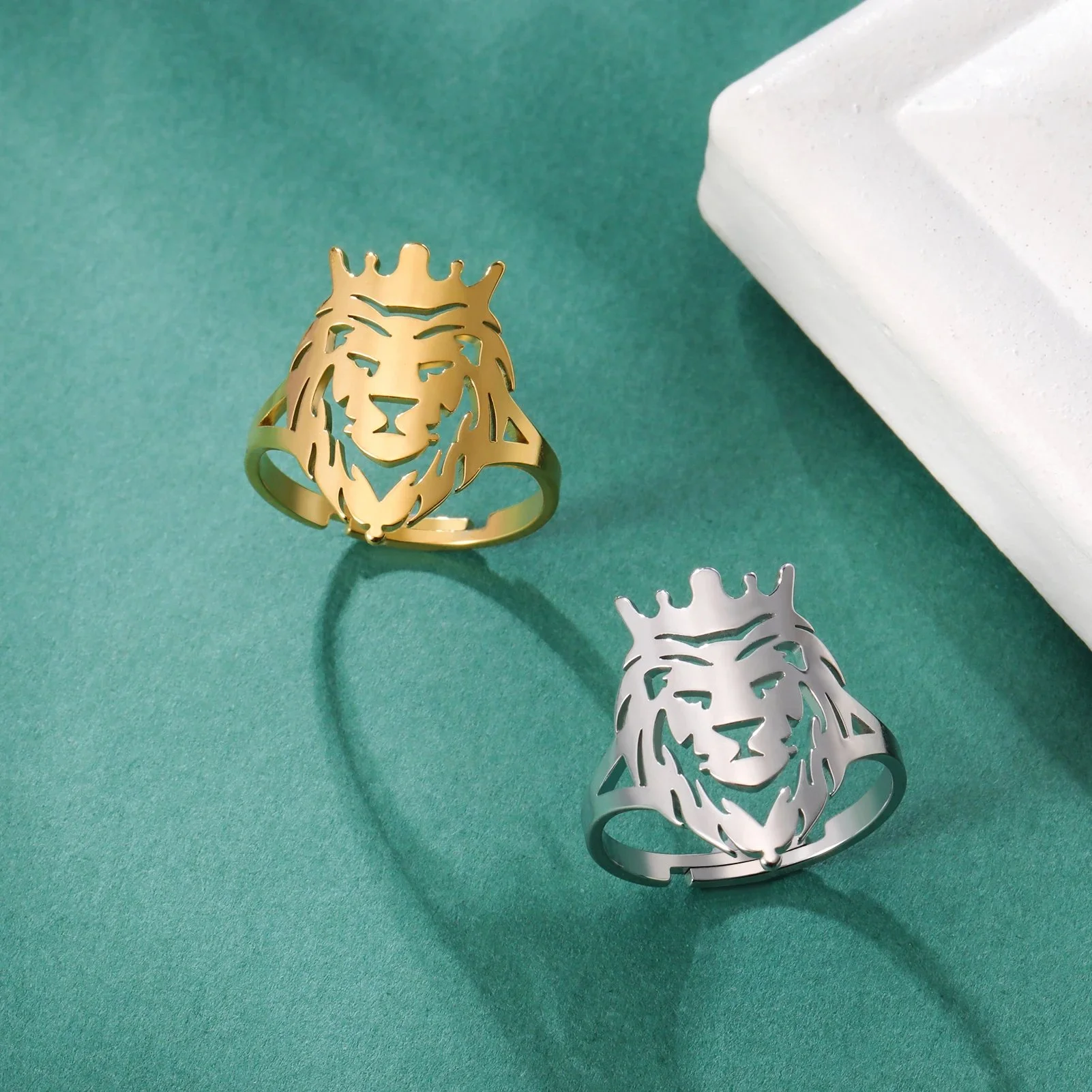 Crown Lion King Ring Gold Stainless Steel Adjustable Unisex Jewelry Gift