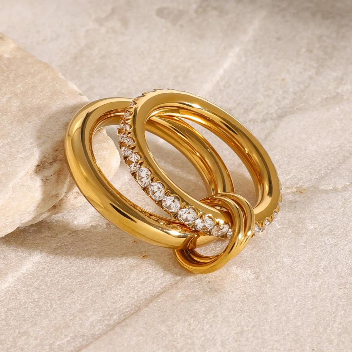 Minimalist Double Layer Zircon Ring 18K Gold Waterproof Stainless Steel