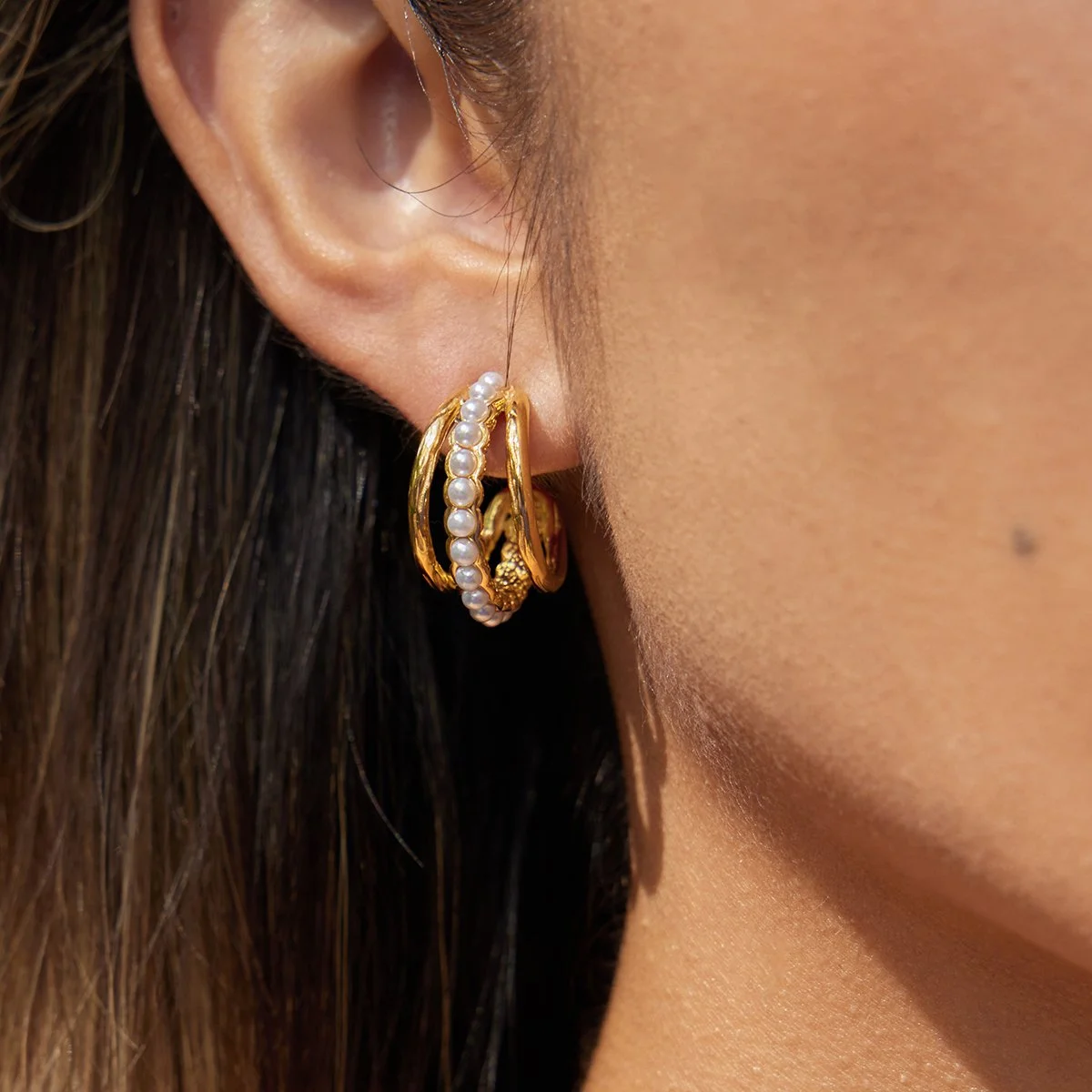 Classic Triple-Layer Pearl C-Shape Earrings 18K Gold Plated Hypoallergenic