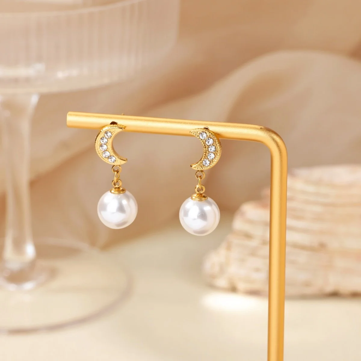 Elegant Moon & Pearl Dangle Earrings for Women – Cubic Zirconia Stainless Steel