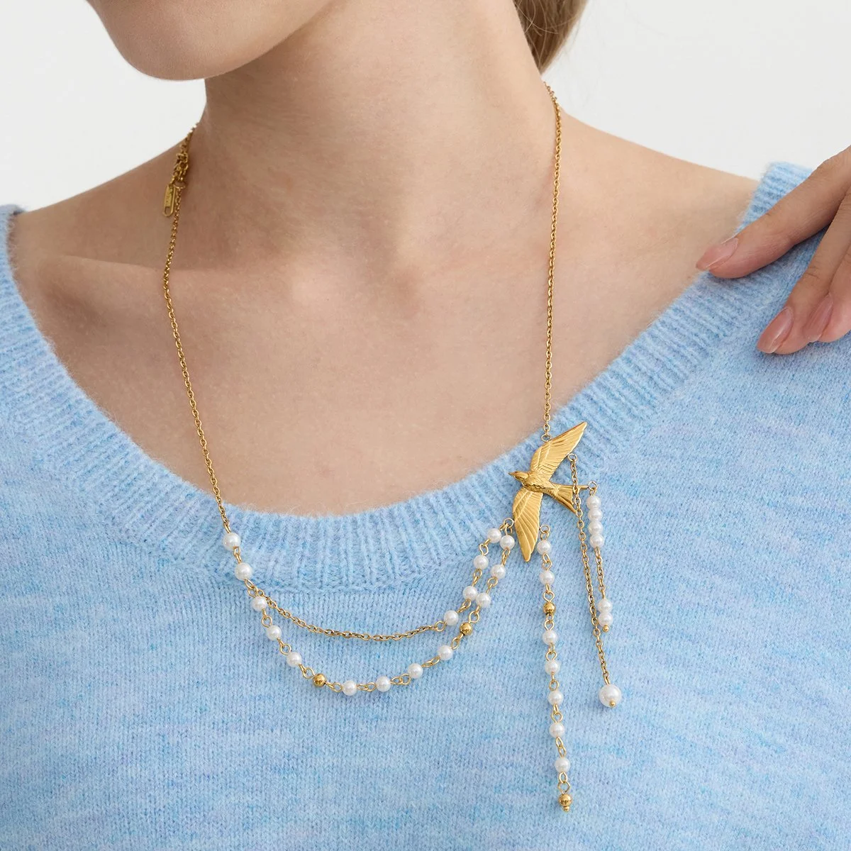 Elegant Swallow Bird Pearl Tassel Necklace – 18K Gold Plated Beauty