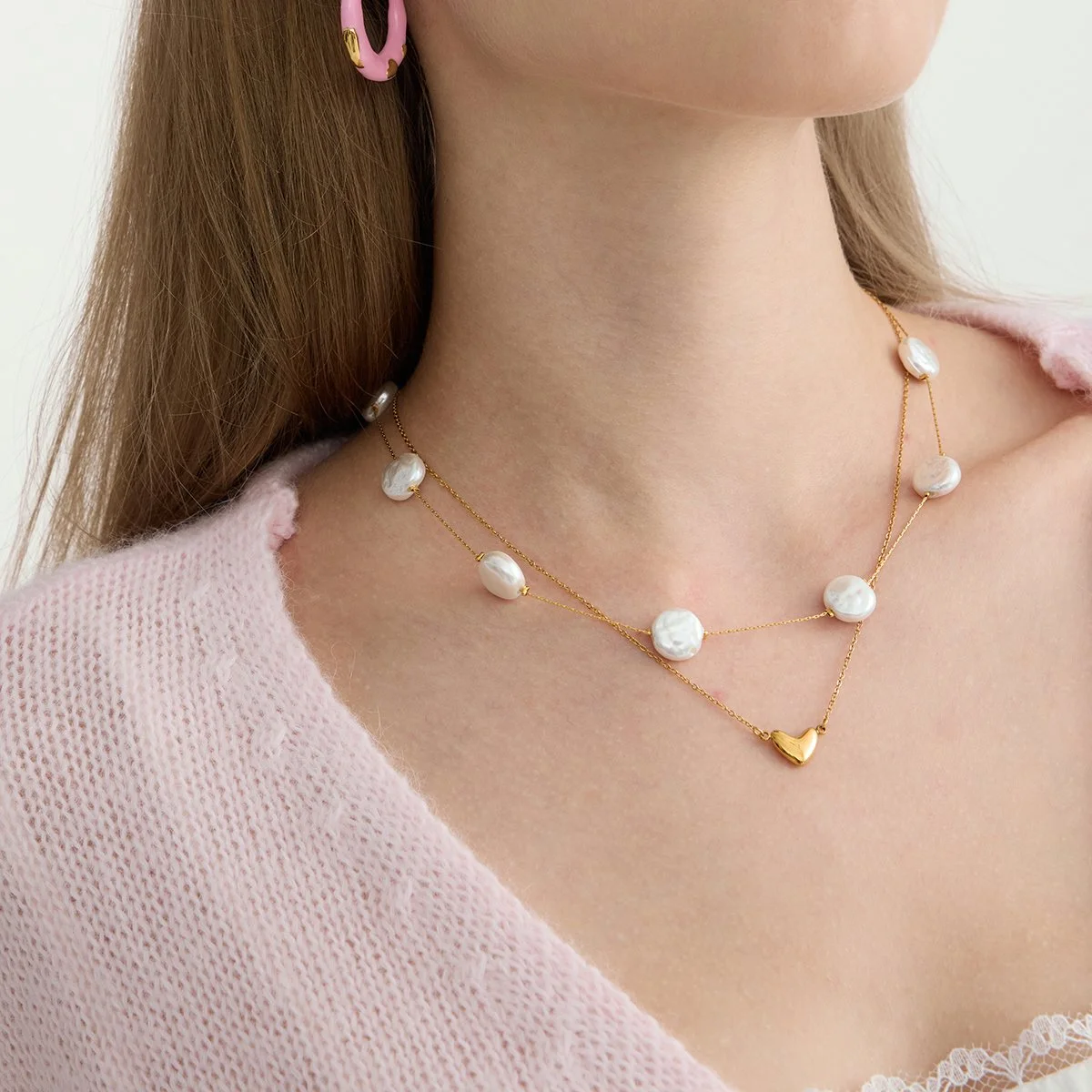 Elegant 18K Gold Plated Pearl Heart Pendant Necklace Set for Women