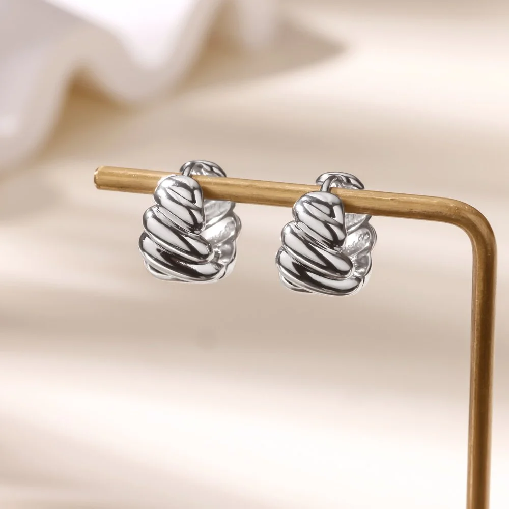 Chunky Screw Pattern Stainless Steel Hoop Earrings for Women & Girls