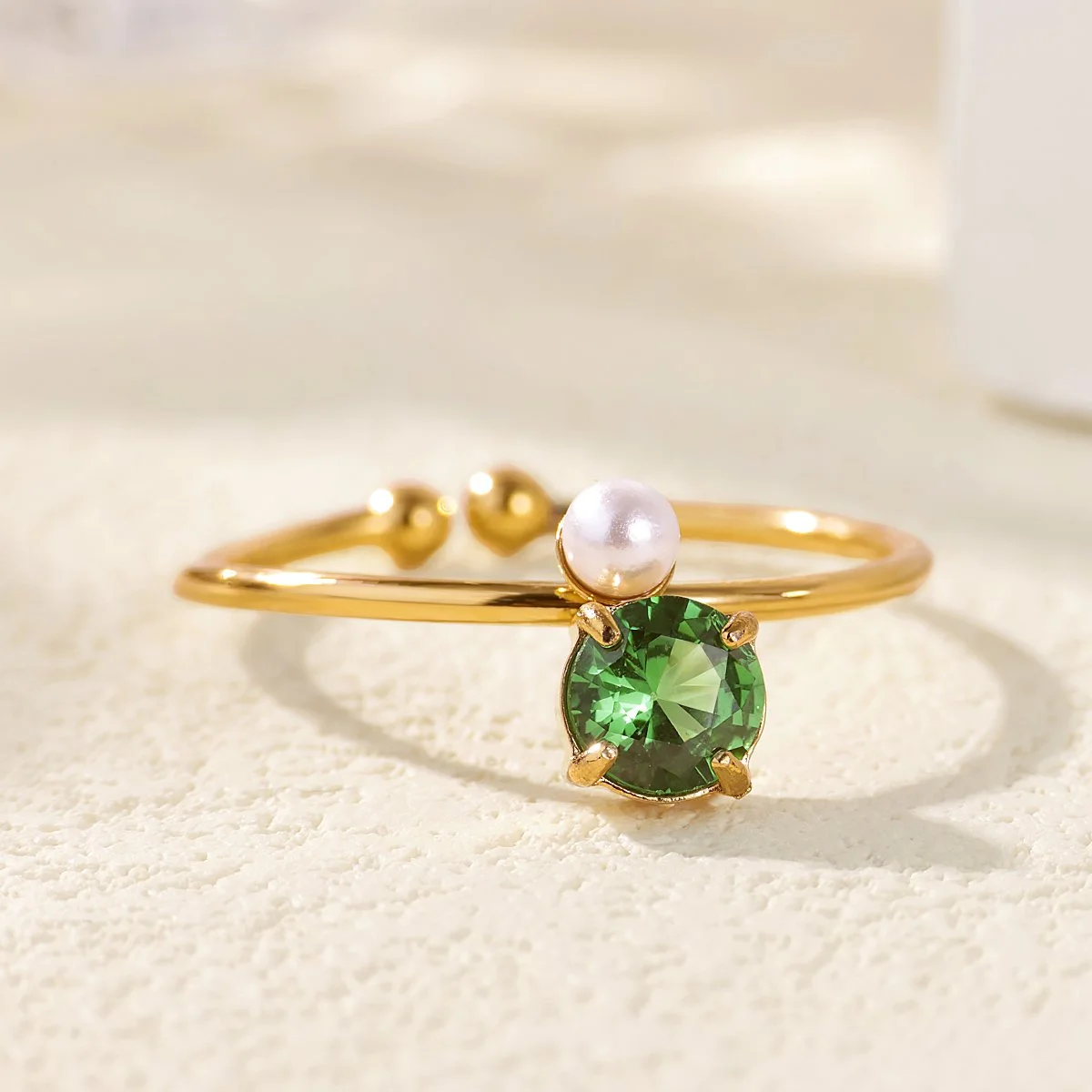 Elegant Green Zircon Adjustable Stainless Steel Ring for Women