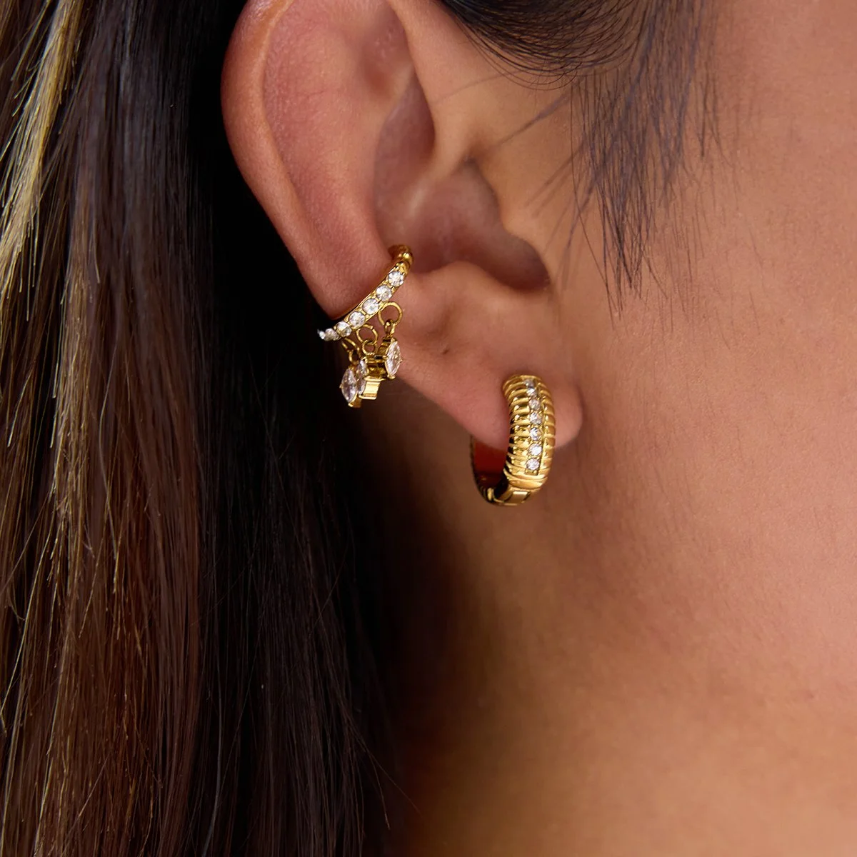 Classic Trendy Inlay Rhinestone C-Shape Earrings 18K Gold Color Plated