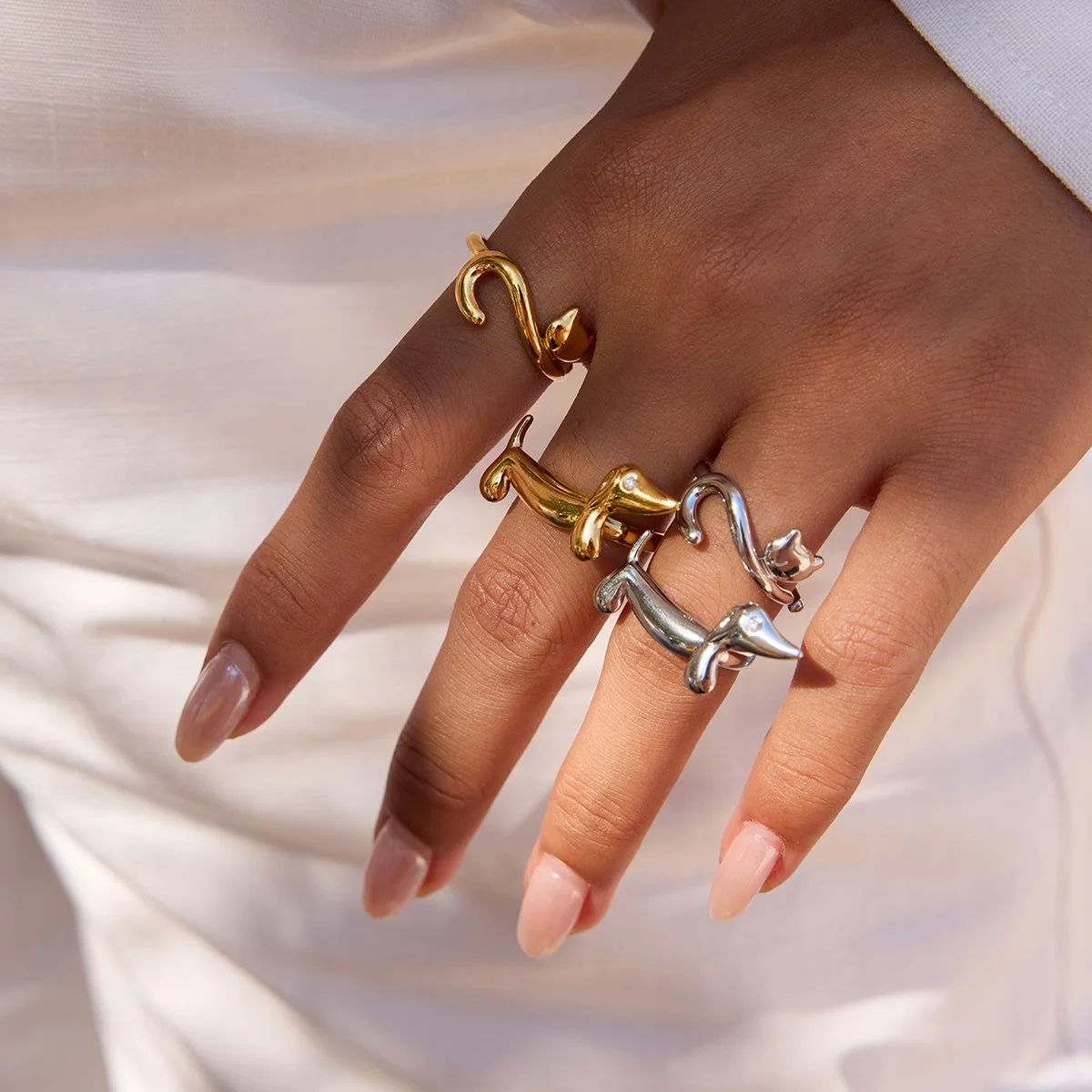 Minimalist Dog Cat Inlay Zircon Adjustable Open Ring 18K Gold Plated