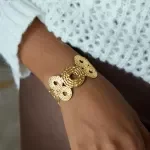 Waterproof Stainless Steel Spiral Hollow Circle Wide Open Bracelet Bangle – 18K Gold Plated Wrist Jewelry