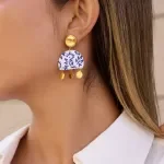 Vintage Blue and White Porcelain Geometric Pendant Earrings - 18K Gold Plated Stainless Steel