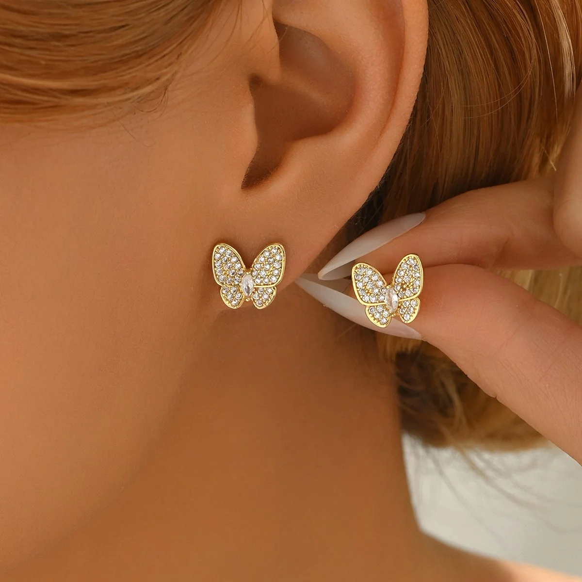 Gold Butterfly Zircon Stud Earrings for Women
