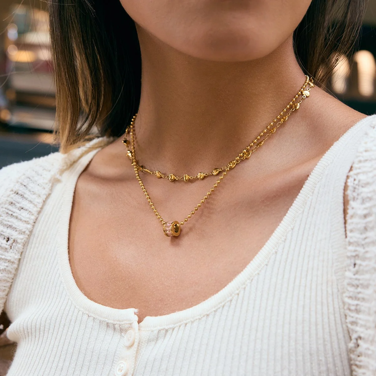 18K Gold Plated Minimalist Clover & Heart Pendant Link Chain Necklace