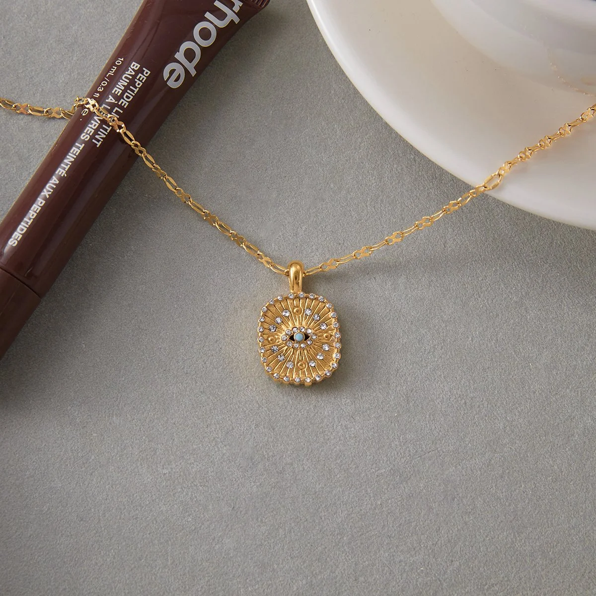 Natural Stone Evil Eye Square Pendant Necklace for Women