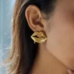 Vintage Liquid Melting Lips 18K Gold PVD Stud Earrings for Women