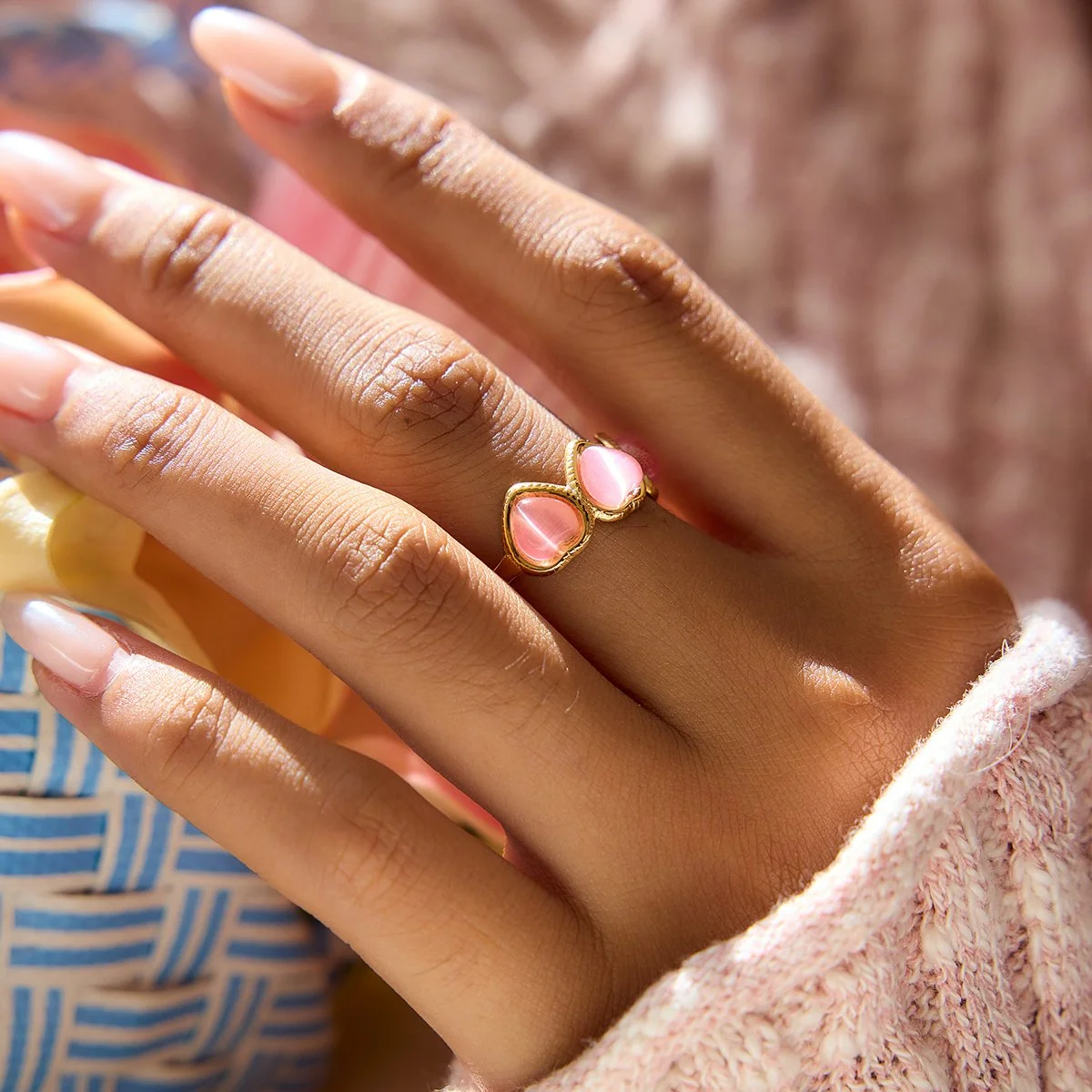 Sweet Pink Heart Cat’s Eye Stone Gold-Plated Adjustable Ring