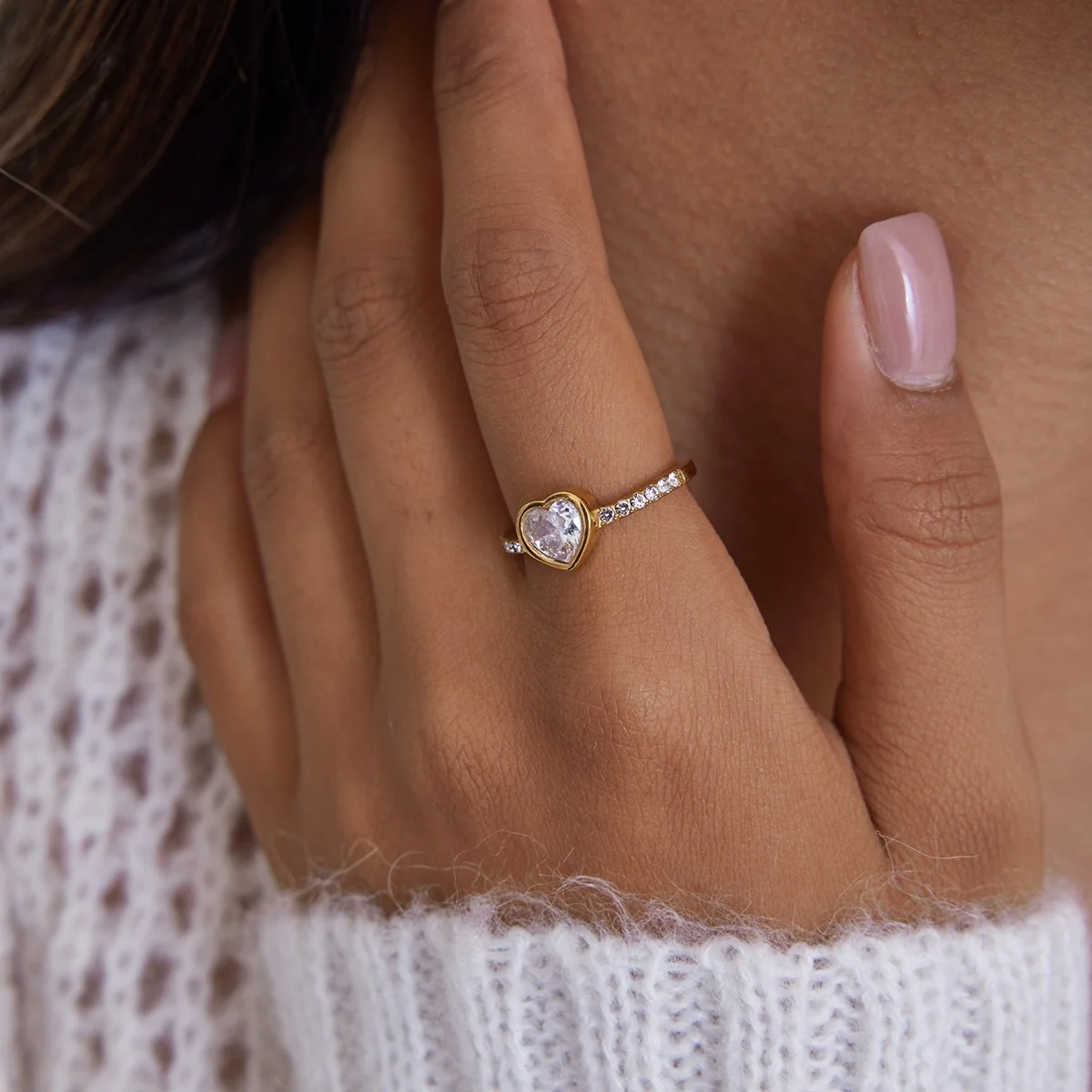18K Gold Plated Heart CZ Stainless Steel Ring for Women
