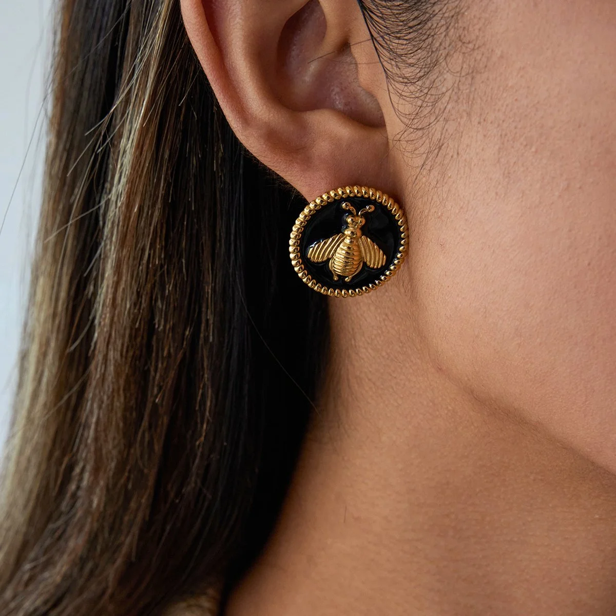 Trendy Black Round Bee Stainless Steel Stud Earrings for Women