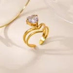 Gold Heart-Shaped Zircon Adjustable Stainless Steel Ring for Women