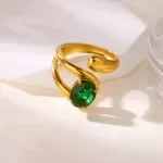 Elegant Green Zircon Geometric Ring for Women – 18K Gold Plated Stainless Steel