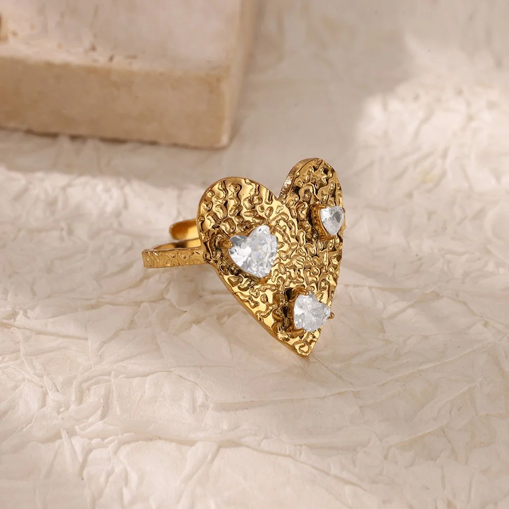 Gold Plated Zircon Heart Ring for Women – Stainless Steel Wedding & Party Jewelry