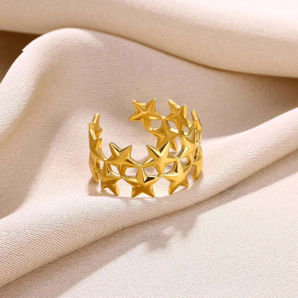 Gold Plated Multi-Star Open Ring for Women – Trendy Stainless Steel Jewelry