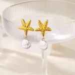 Gold Conch Pearl Starfish Drop Earrings for Women