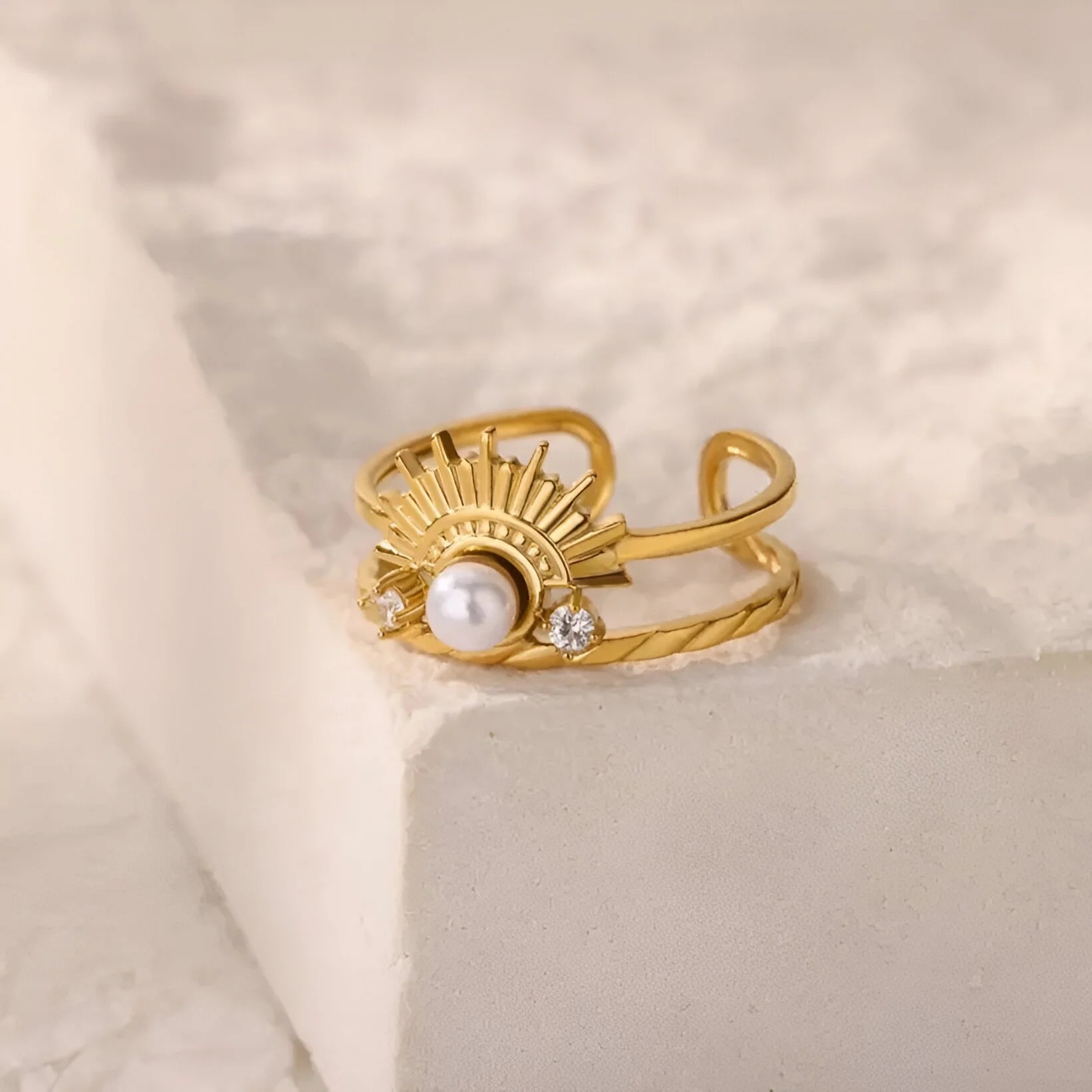 Gold Crown Pearl Zirconia Open Ring for Women