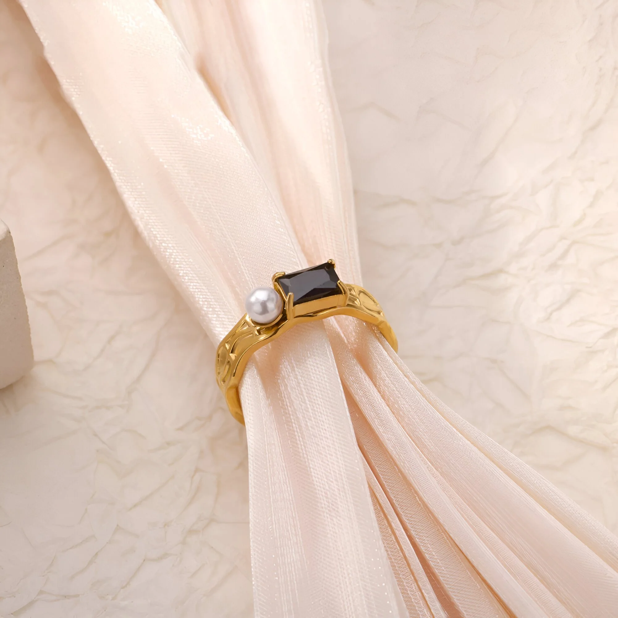 Gold Stainless Steel Zircon & Imitation Pearl Geometric Open Ring