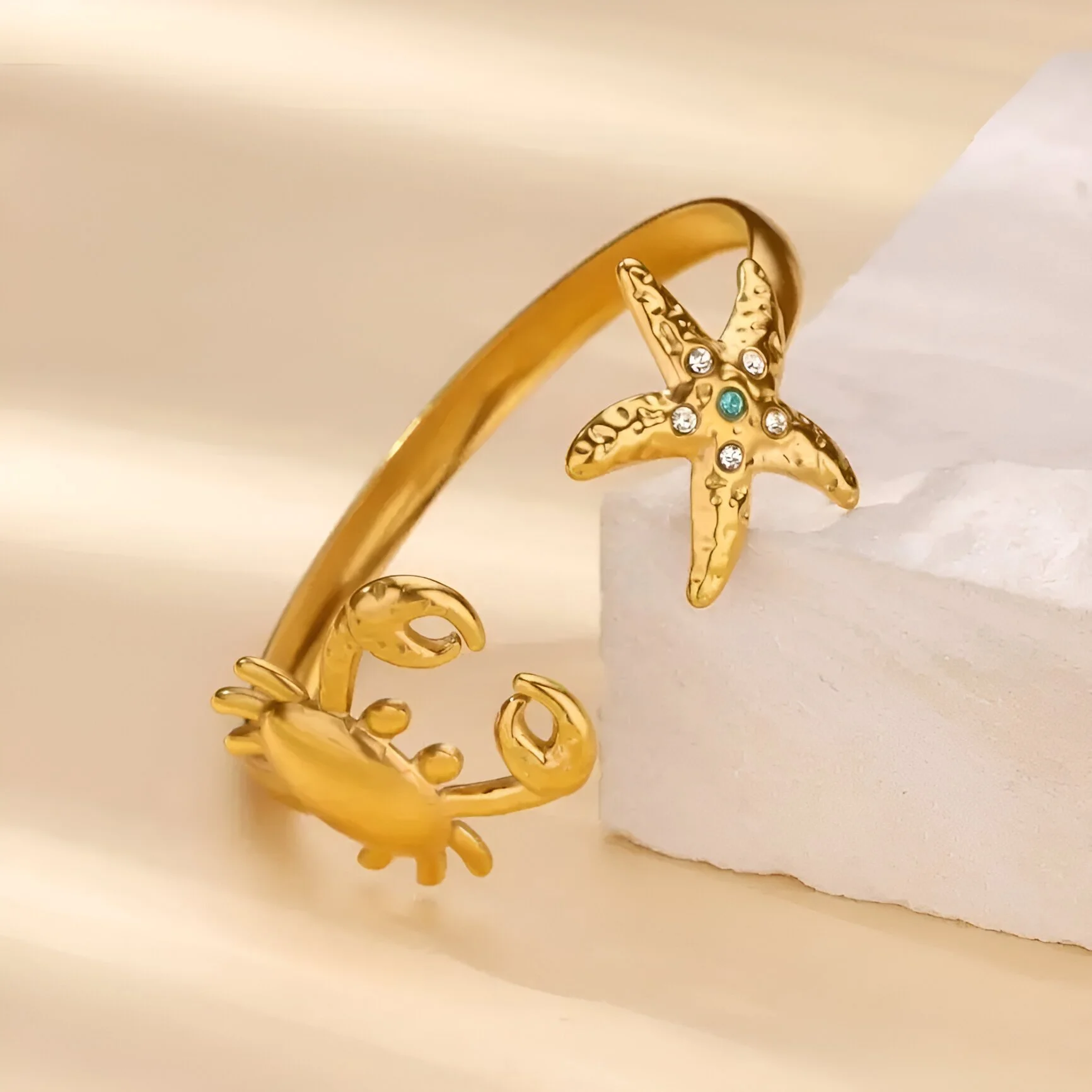 Gold Starfish & Crab Ocean Bangle for Women