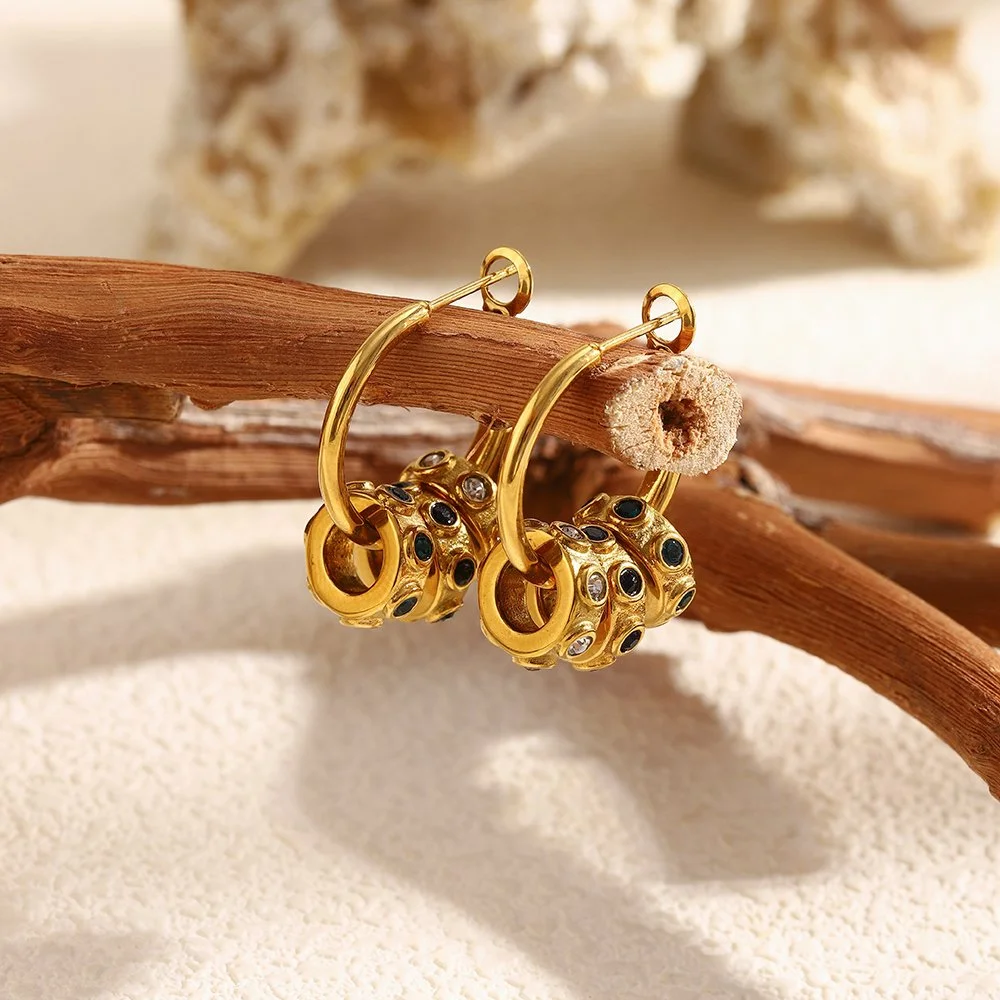 Gold Plated Zircon Hoop Earrings for Women – Stainless Steel, Waterproof