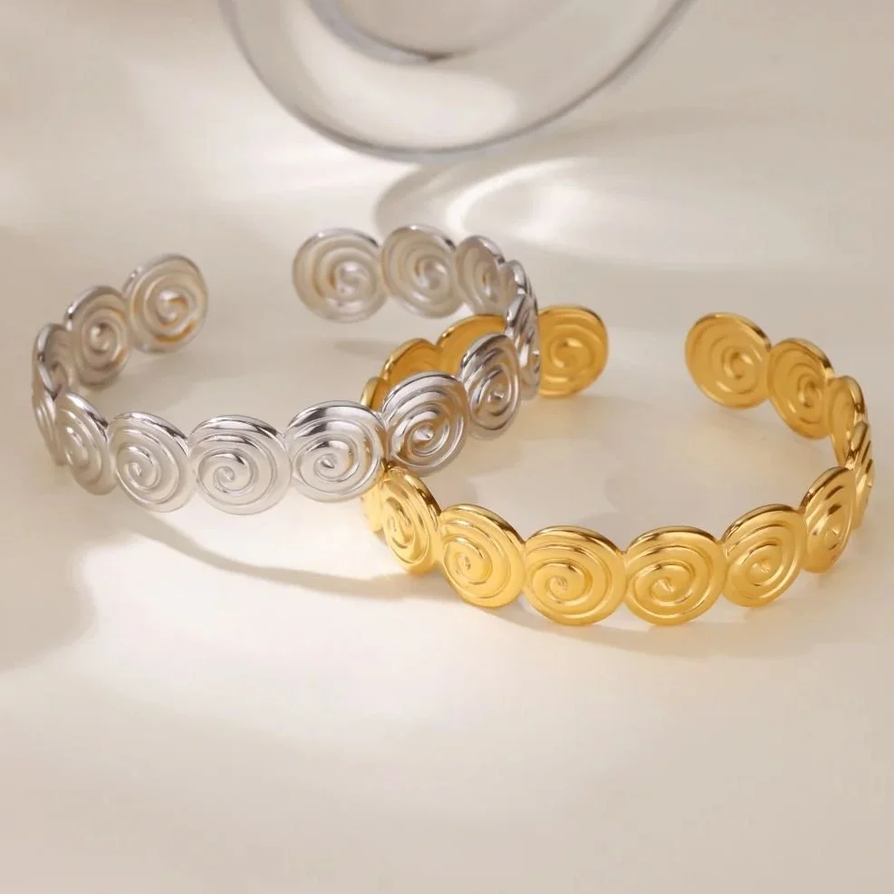 Gold Threaded Geometric Cuff Bangle for Women – Trendy Stainless Steel Bracelet