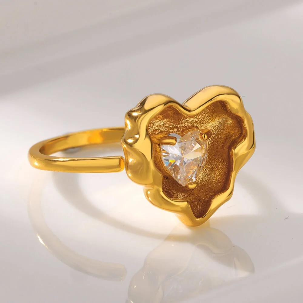 Gold Inlay Zircon Heart Ring – Adjustable Stainless Steel Romantic Band