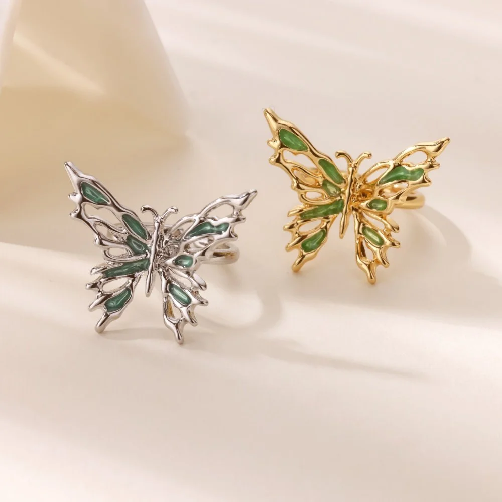 Green Butterfly Opening Ring - Vintage Gold Geometric Statement Jewelry