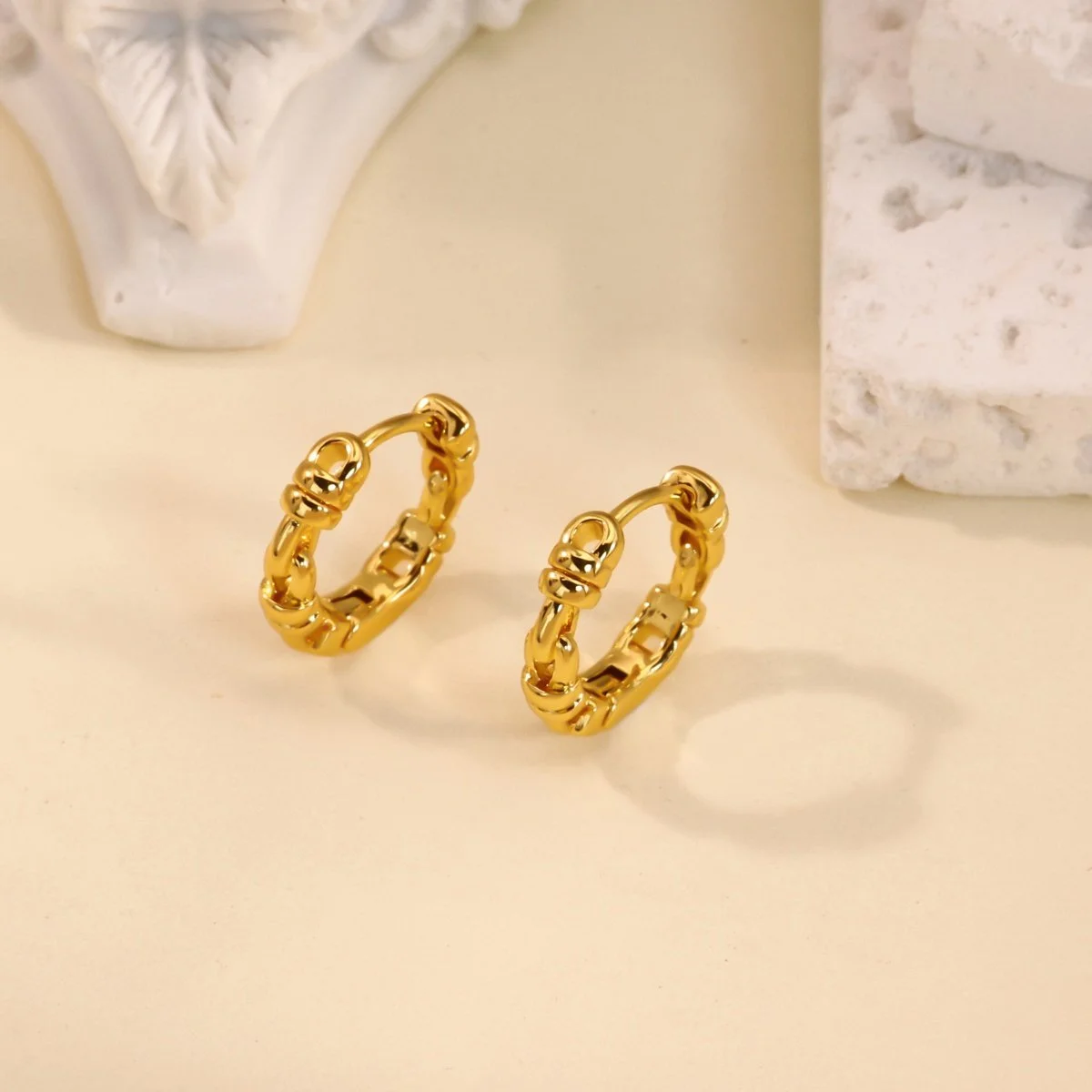 Gold Stainless Steel Geometric Chain Hoop Earrings | Waterproof Statement Studs