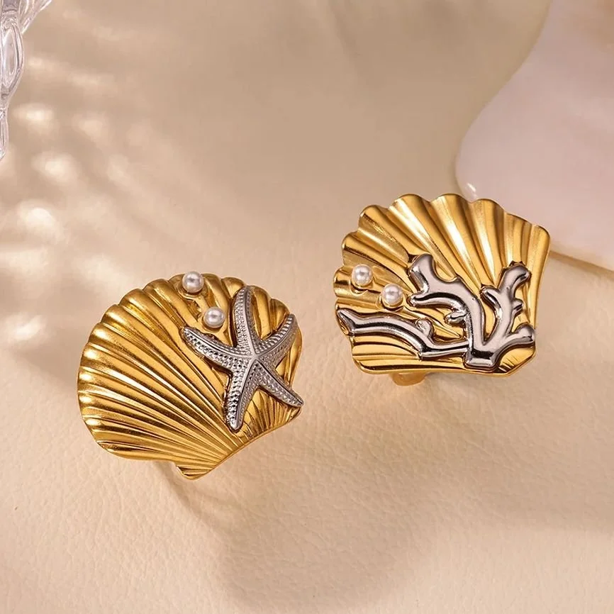 Gold Starfish & Shell Pearl Earrings and Rings Set for Women