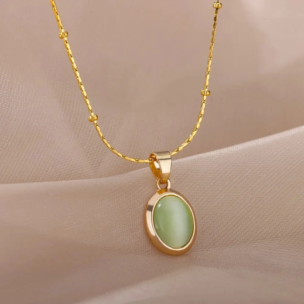 Gold Opal Oval Pendant Necklace for Women – Trendy Stainless-Steel Jewelry