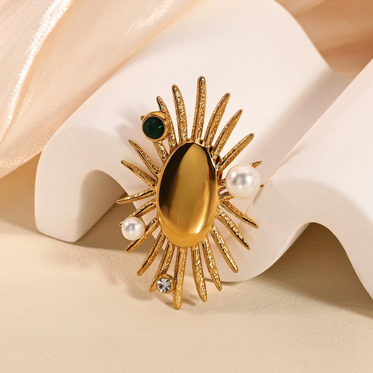 Stainless Steel Sun Flame Brooch with Gold Color, Pearl & Zircon for Women and Men