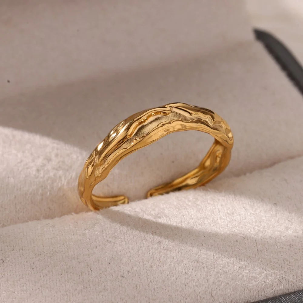 Gold Geometric Stainless Steel Open Ring for Women - Vintage Irregular Design
