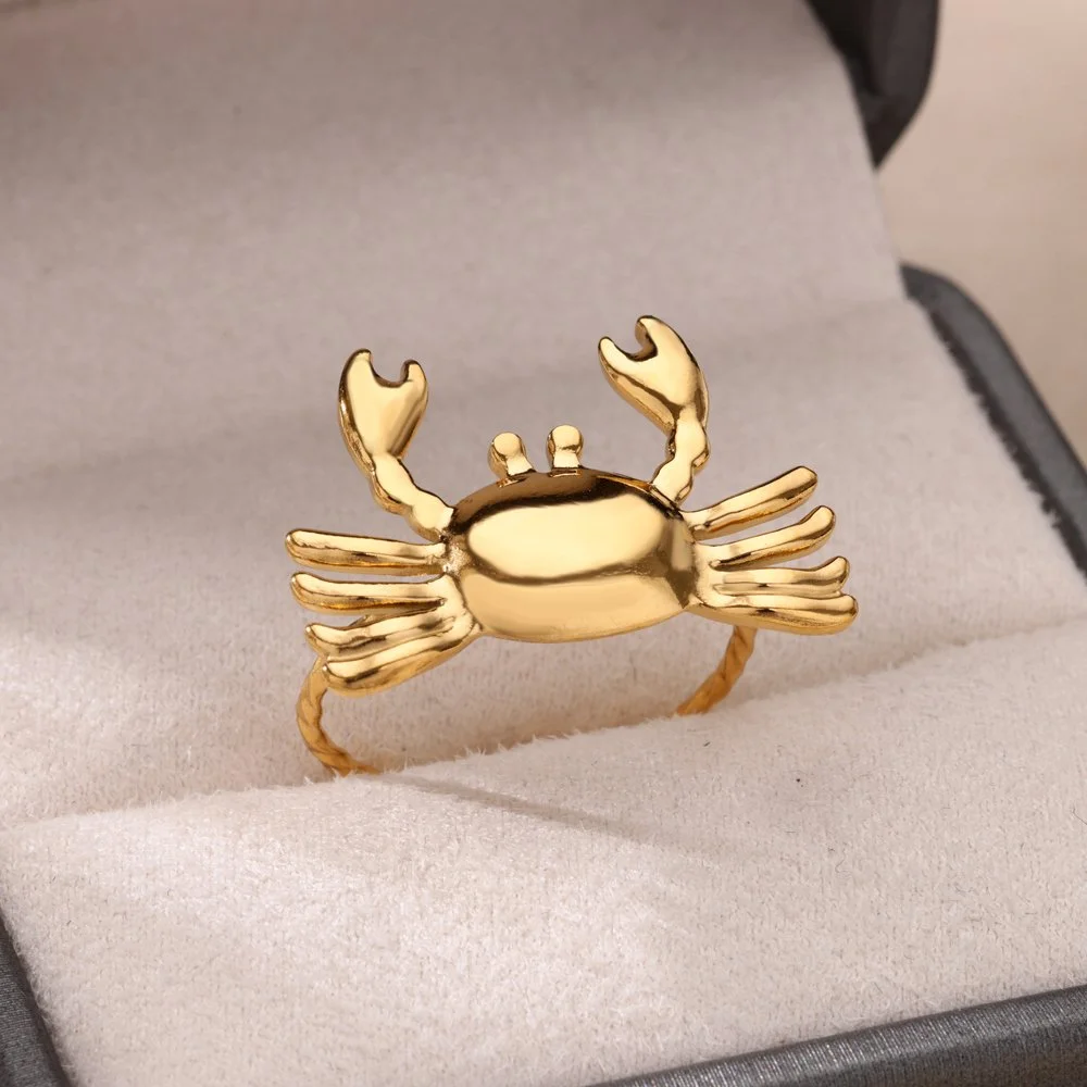 Gold Crab Ring for Women - Cute Animal Open Adjustable Waterproof Jewelry