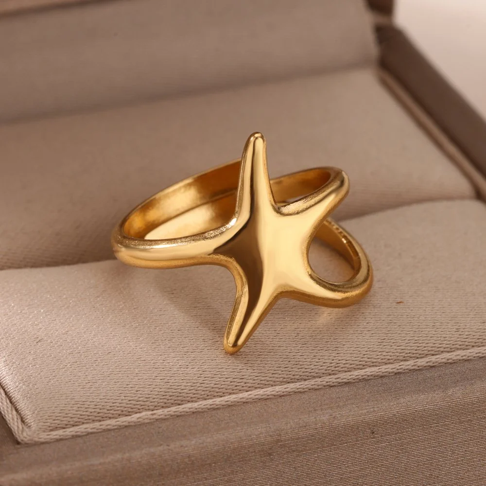 Vintage Starfish Gold Adjustable Stainless Steel Ring for Women